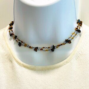 EUC 2-Strand ZAD Choker/Necklace, Brown/Amber Chip/Bead, Cable Chain, 14" L+ 2"